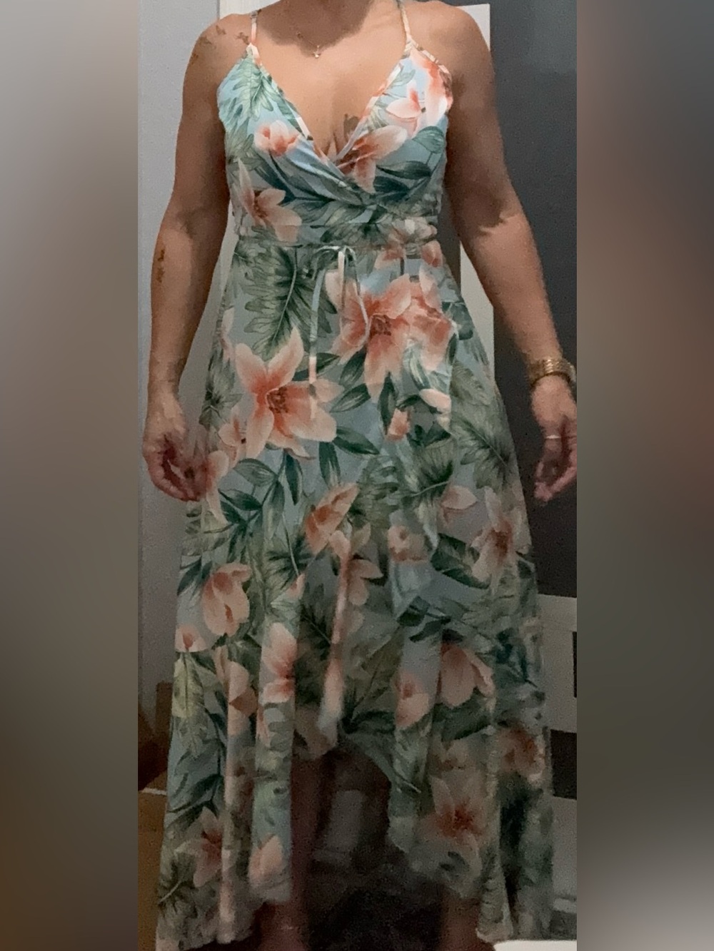 SHEIN Mint Floral Wrap Maxi Dress with Peach Blooms